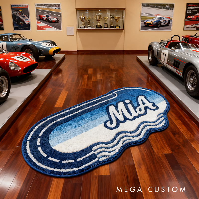 Personalized Blue Racetrack Rug with Name Custom Racer Speed Rugs Xmas Gift