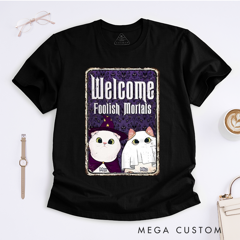 Personalized Tarot Lovers Classic T-Shirts Halloween Cat Classic T-Shirts Cute Wizard and Ghost Cat Design Gift for Cat Lovers