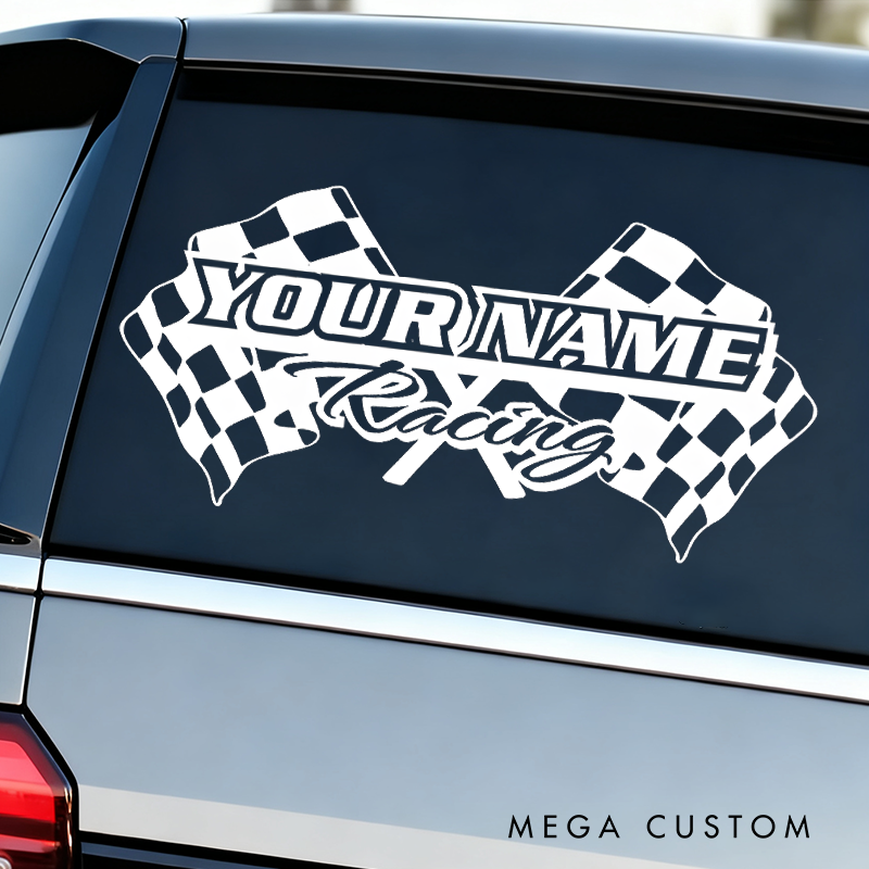 Personalized Racing Name with Checkered Flags Decal Sticker for Vehicles Custom Crew Car Decal Sticker