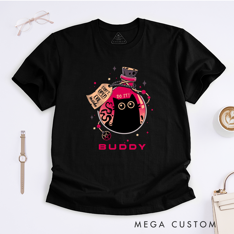 Personalized Cute Black Cat Potion Classic T-Shirt Funny Do Not Open Evil Inside Gift for Cat Lovers Friends Buddy Unique Unisex Custom Tee