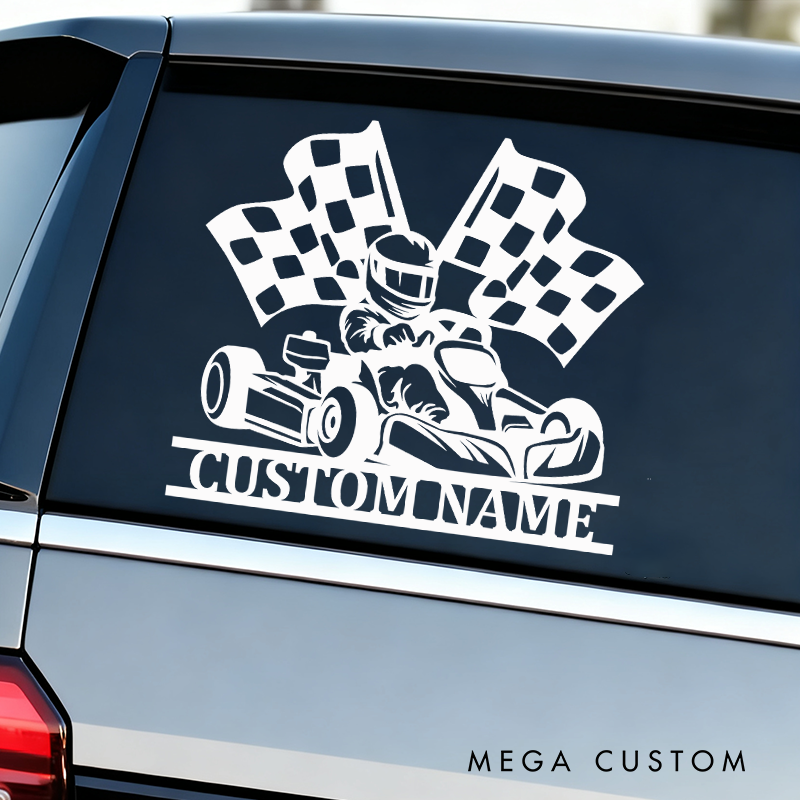 Personalized Go-Kart Racing Decal with Checkered Flags Custom Crew Car Decal Sticker
