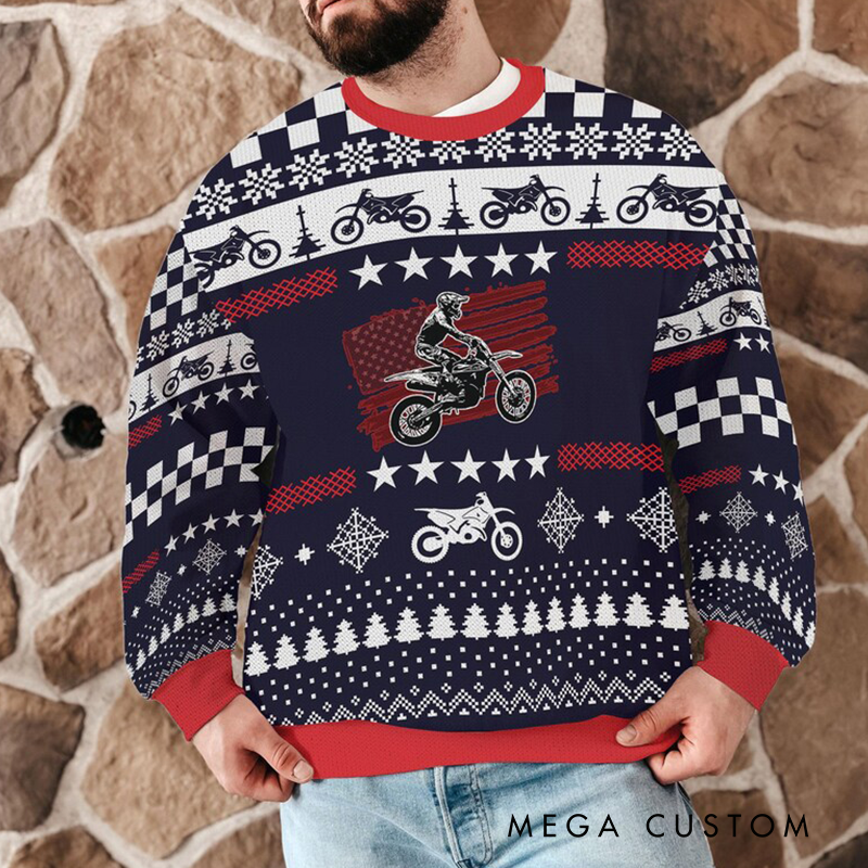 Personalized Motocross American Flag Christmas Ugly Sweatshirt Custom Name and Number Ugly Sweater Xmas Gift for  Motorcyclist