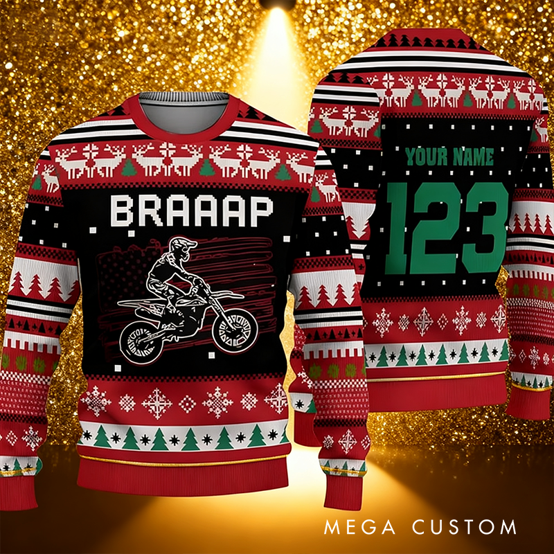 Personalized Motocross American Flag Christmas Ugly Sweatshirt Custom Name and Number Ugly Sweater Xmas Gift for  Motorcyclist