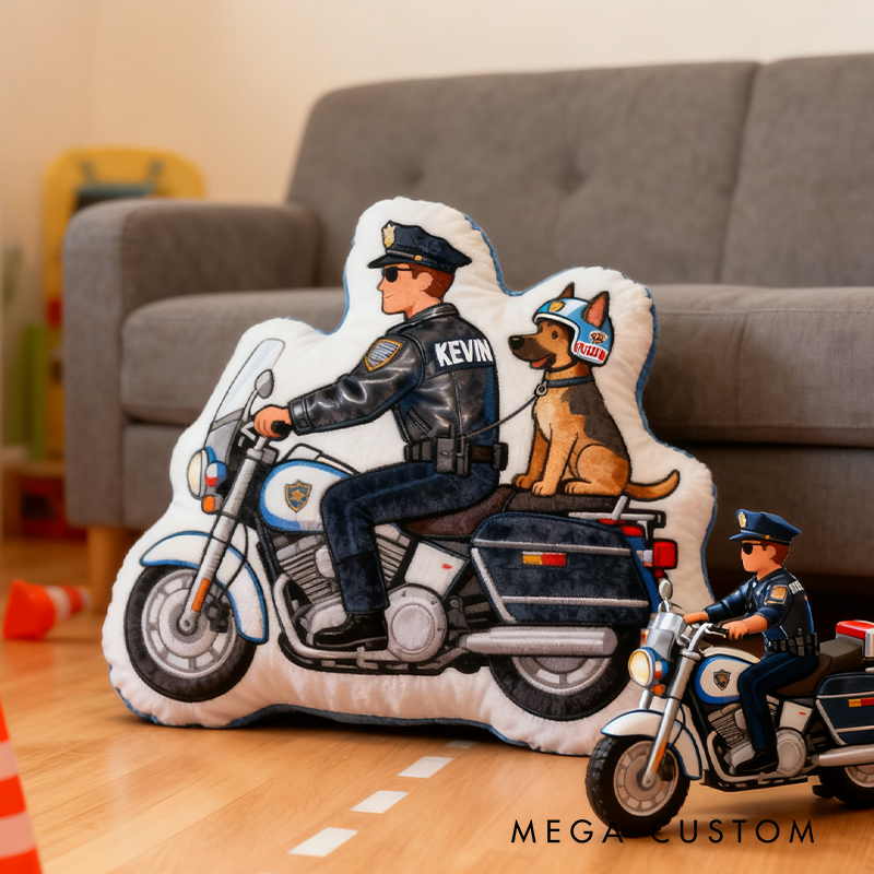 Personalized Police Motorcycle Officer and Dog Plush Pillow Custom Name Graphic 3D Print Pillow 