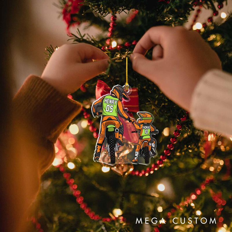 Personalized Motocross Racer Ornament Dad And Kid Motocross Lovers Dirt Biker Flat Ornament Christmas Ornament