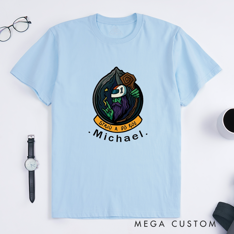 Personalized Mountain Wizard Classic T-Shirts Custom Name Magical Graphic Unisex Retro Gift Unique Hand Drawn Illustration for Men Women Friends Fans