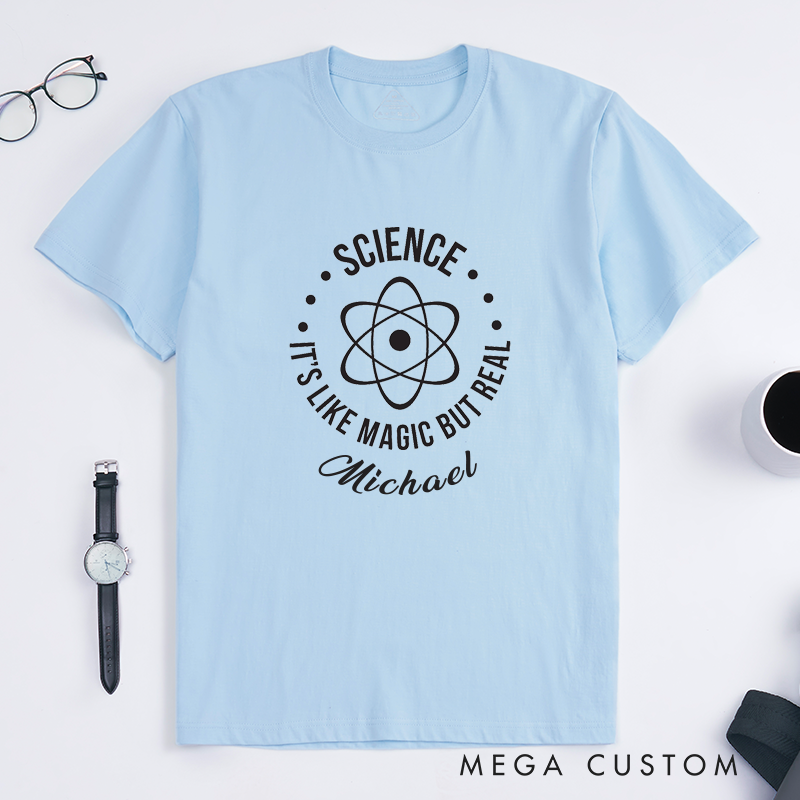 Personalized Science Magic T Shirt Custom Name Gift for Science Lovers Unique STEM Quote Classic Tee for Men and Women Cool Nerdy Present for Michael