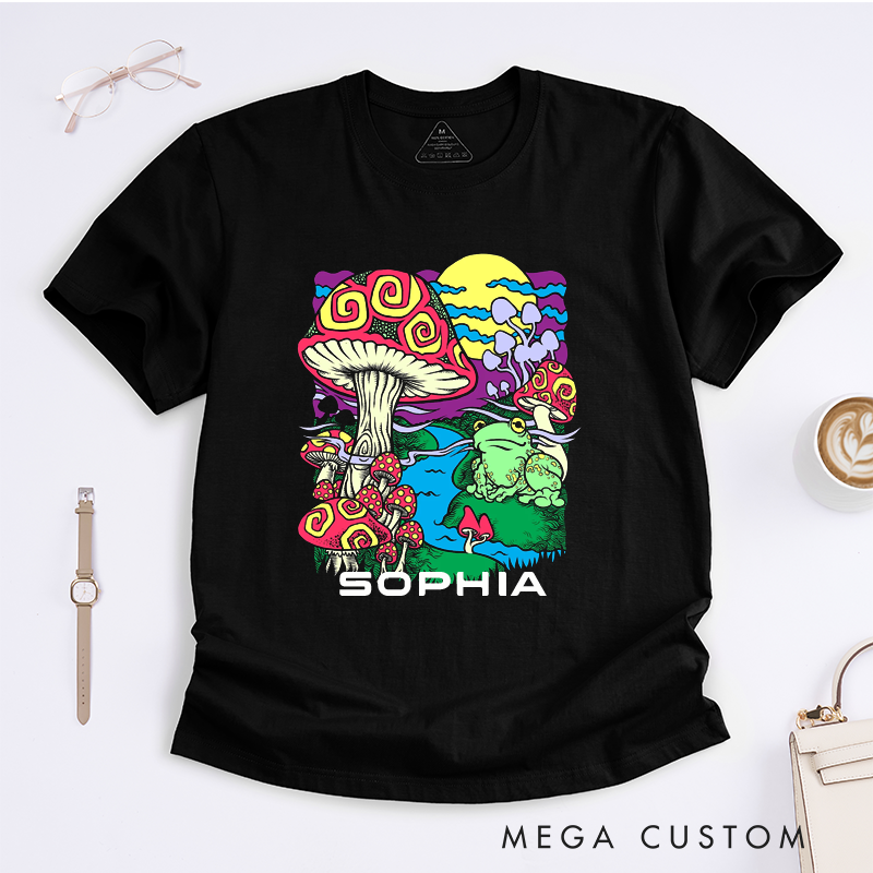 Personalized Psychedelic Frog and Mushroom Classic T-Shirts Custom Name Colorful Trippy Art Unisex Casual Gift for Nature Lovers Unique Graphic Tee