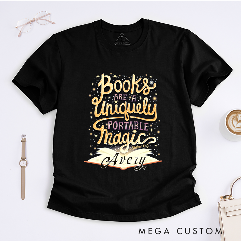 Personalized Books Lover Classic T-Shirts Custom Name Literary Quote Magic Reader Gift Unique Portable Library Present for Bookworms Men Women Teens