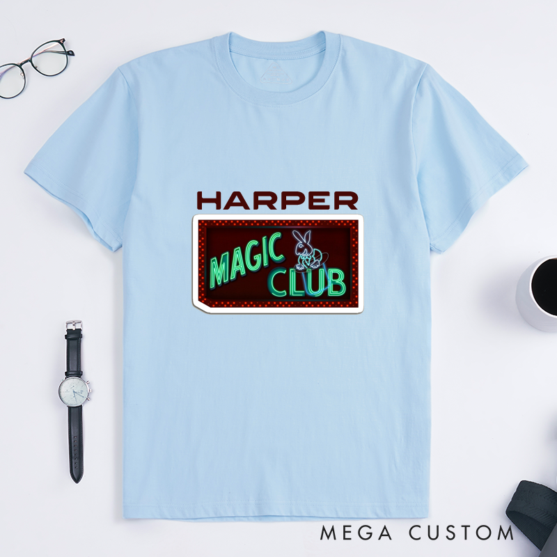 Personalized Magic Club T-Shirt Custom Neon Sign Rabbit Design Classic Unisex Gift for Magician Fan Magic Lovers Unique Birthday Present