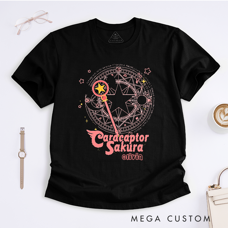 Personalized Magical Staff Star Design Classic T-Shirts Custom Unisex Shirt with Celestial Pattern Unique Gift for Animanga Lovers Boys Girls 