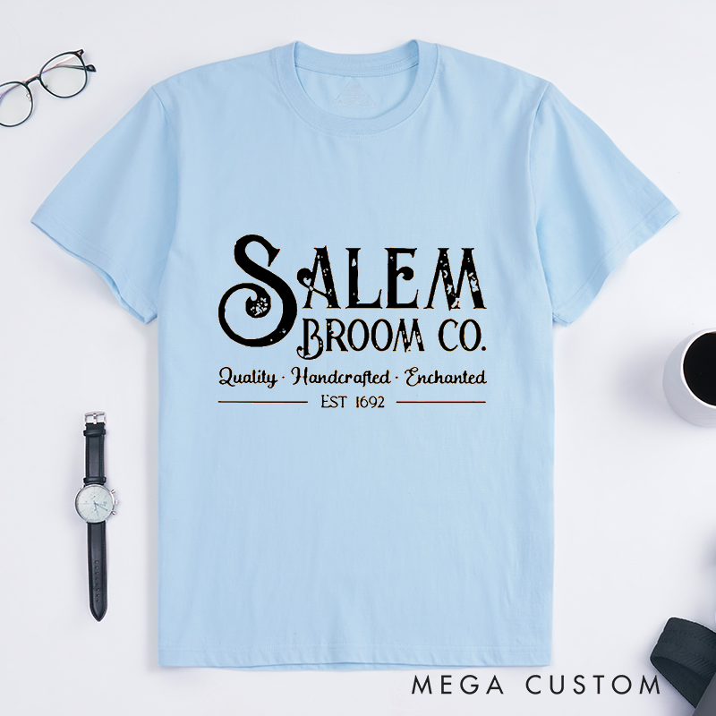 Personalized Salem Broom Co Classic T-Shirts Handcrafted Enchanted Witch Decor Quality Gift for Men and Women Custom Name Halloween Apparel