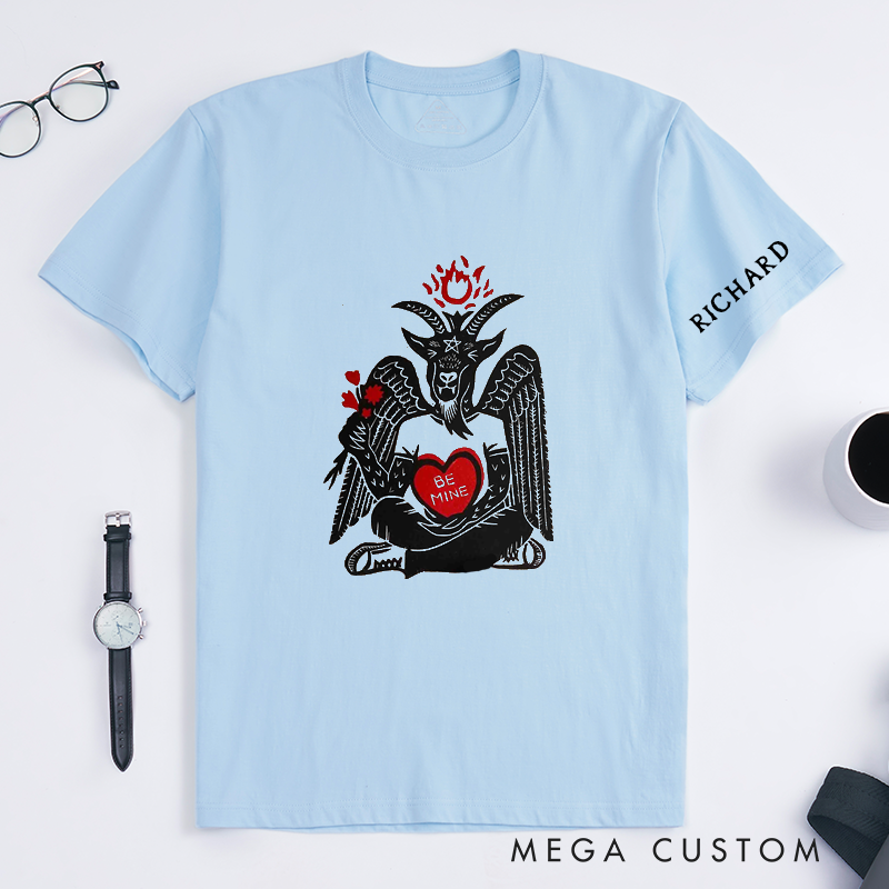 Personalized Baphomet Valentines Day T-Shirt Unisex Unique Gothic Goat Heart Be Mine Gift Custom Name Occult Aesthetic Classic Tee 