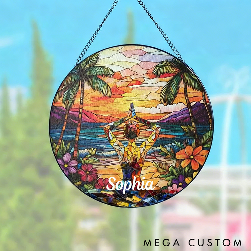 Personalized Yoga Sun Catcher Vibrant Sunset and Beach Design Custom Name Perfect Decor for Yoga Studios and Meditation Spaces