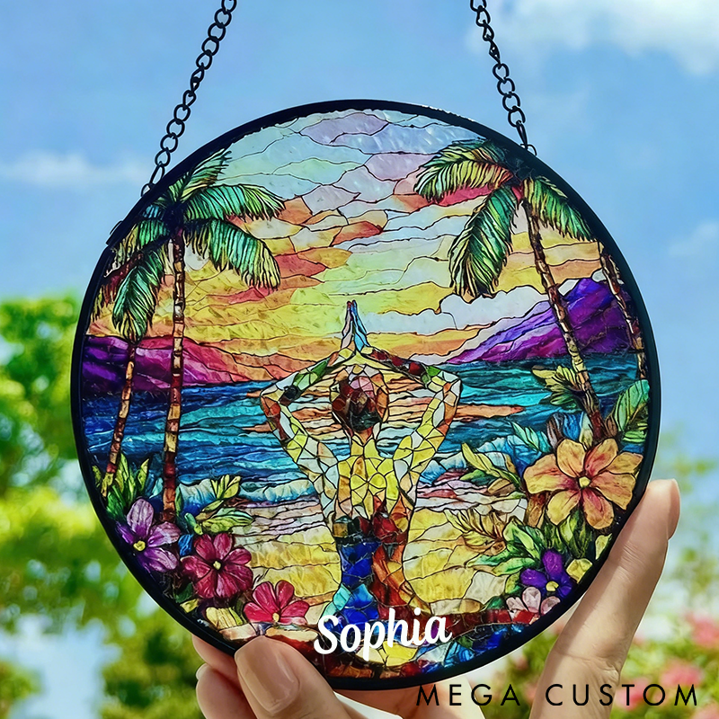 Personalized Yoga Sun Catcher Vibrant Sunset and Beach Design Custom Name Perfect Decor for Yoga Studios and Meditation Spaces