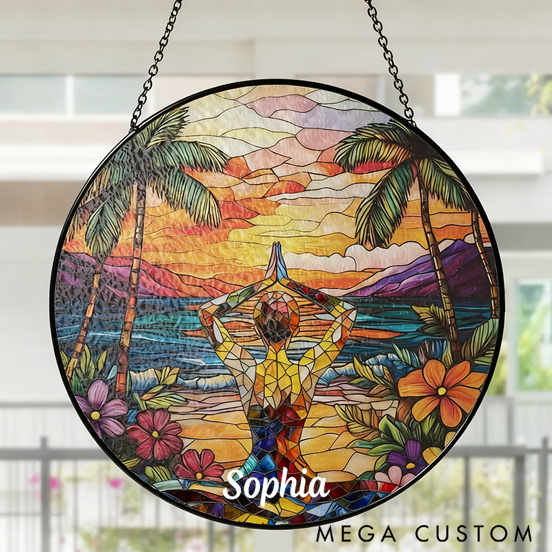 Personalized Yoga Sun Catcher Vibrant Sunset and Beach Design Custom Name Perfect Decor for Yoga Studios and Meditation Spaces