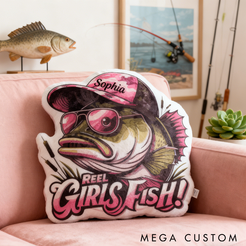 Personalized Fishing Pillow Funny Fishing Pillow Reel Girls Fish Design Custom Name Graphic 3D Print Funny Gift for Fishing Enthusiasts Cozy Home Decor