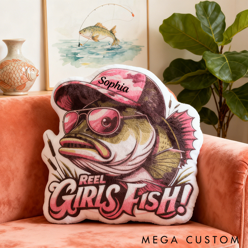 Personalized Fishing Pillow Funny Fishing Pillow Reel Girls Fish Design Custom Name Graphic 3D Print Funny Gift for Fishing Enthusiasts Cozy Home Decor