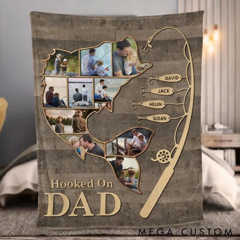 Personalized Fishing Blanket Funny Fishing Blanket Custom Photos and Names Unique Hook Design Perfect Gift for Fishing Lovers Father's Day or Birthday