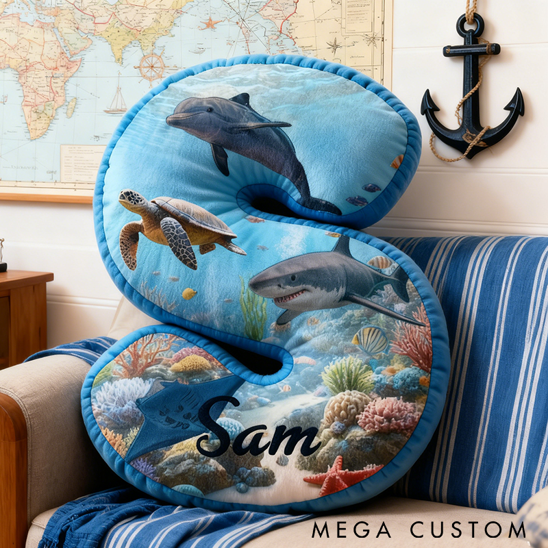 Personalized Ocean Letter PillowMarine Life Design with Dolphin  Shark and Turtle Custom Name Perfect for Fishing Enthusiasts and Home Decor