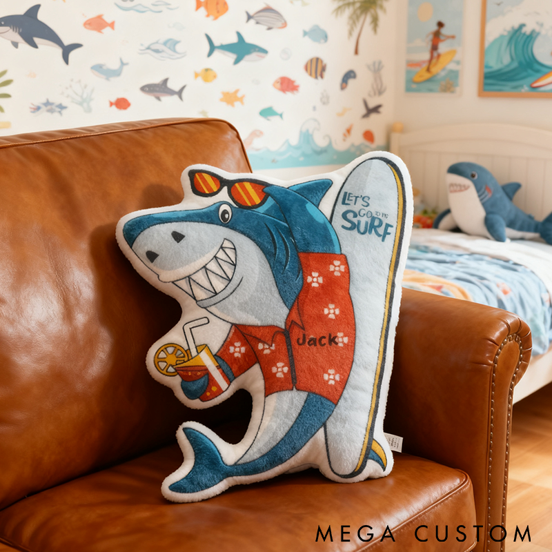 Personalized Surfing Shark Pillow Funny Ocean Adventure Design Custom Name Graphic 3D Print Perfect for Diving Surfing Enthusiasts and Kids' Room Decor