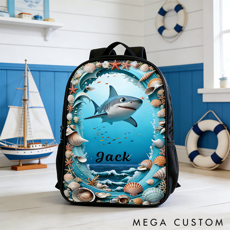 Personalized Shark Ocean Backpack Custom Name Kids' Bag with Marine Theme Graphic 3D Print Perfect for Fishing Trips Beach Adventures and Daily Use