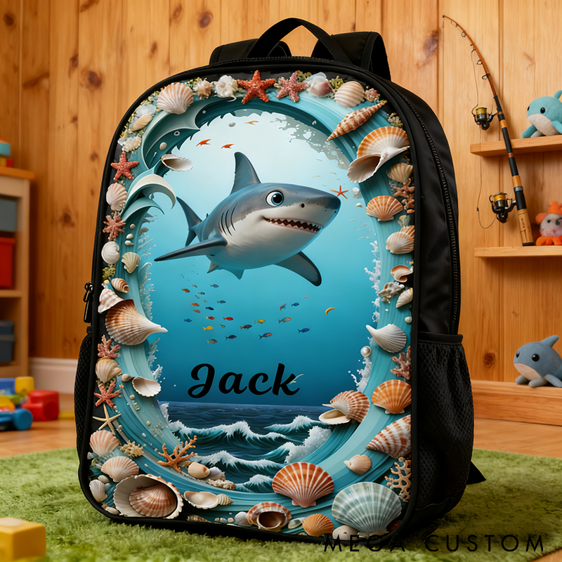 Personalized Shark Ocean Backpack Custom Name Kids' Bag with Marine Theme Graphic 3D Print Perfect for Fishing Trips Beach Adventures and Daily Use