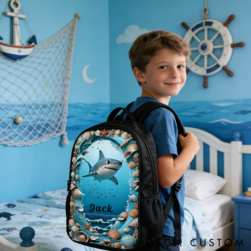 Personalized Shark Ocean Backpack Custom Name Kids' Bag with Marine Theme Graphic 3D Print Perfect for Fishing Trips Beach Adventures and Daily Use