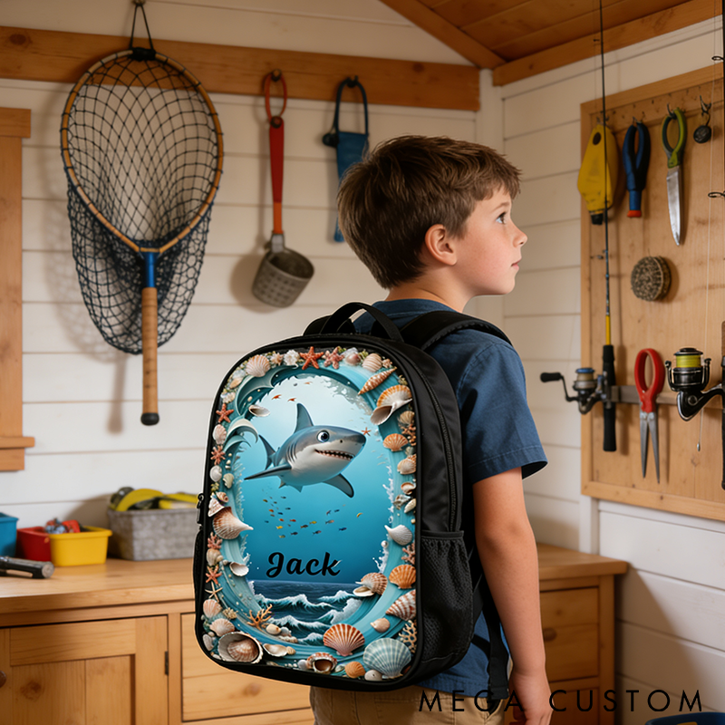 Personalized Shark Ocean Backpack Custom Name Kids' Bag with Marine Theme Graphic 3D Print Perfect for Fishing Trips Beach Adventures and Daily Use