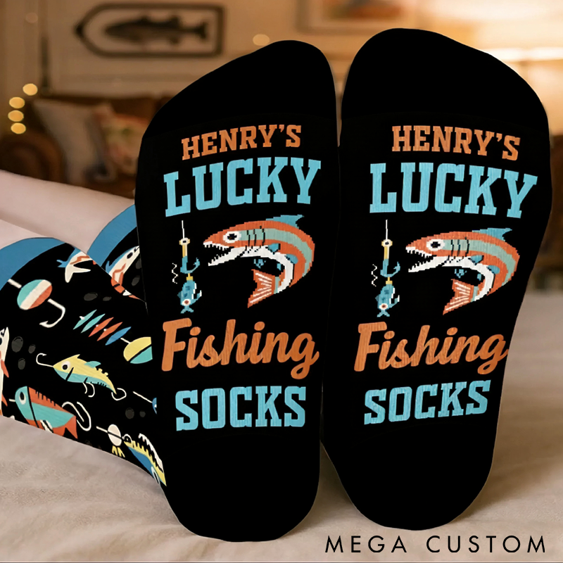 Personalized Lucky Fishing Socks Funny Fishing Design Custom Name Perfect Gift for Fishing Lovers Comfortable and Unique Outdoor Accessory