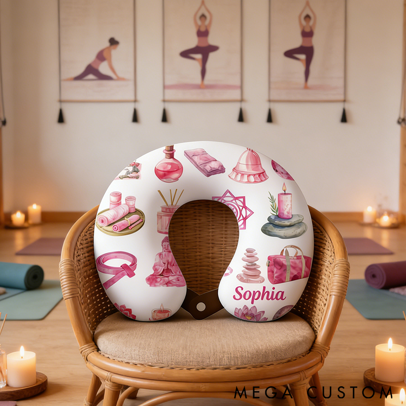 Personalized Yoga Neck Pillow Memory Foam U-Shaped Cushion with Relaxing Spa Design Custom Name Perfect for Yoga Travel and Relaxation