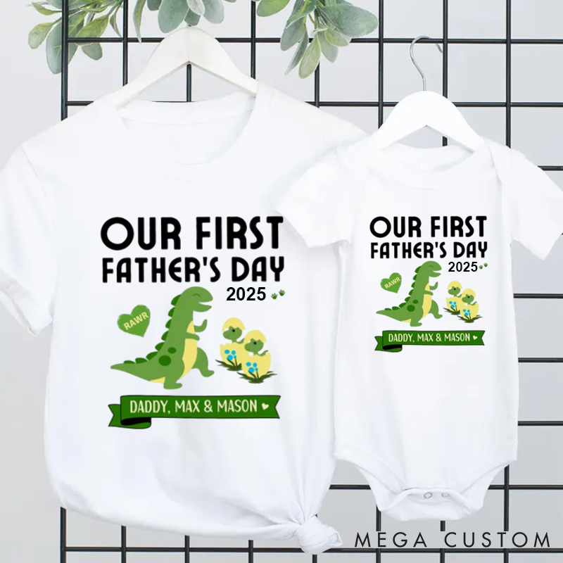 Personalized Our First Father's Day Twin Daddy and me Dinosaur Matching Outfit
