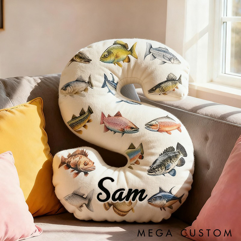 Personalized Fishing Letter Pillow Funny Fishing Pillow Custom Name Cushion with Realistic Fish Prints Graphic 3D Print Soft and Unique Gift for Fishing Enthusiasts and Home Decor