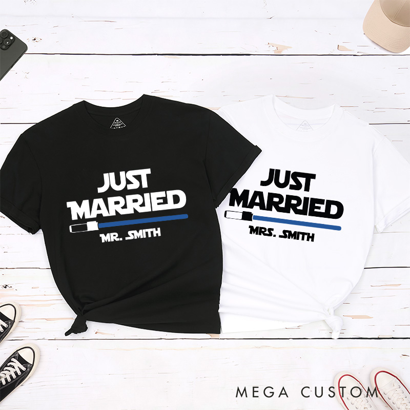 Personalized Star Just Married Couple Matching Classic T-Shirts Honeymoon Shirt for Movie Lovers Just Married Shirt Valentines Day Husband and Wife