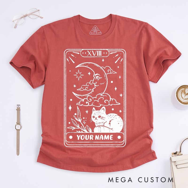 Personalized Tarot Lovers Classic T-Shirts The Moon Tarot Card Cat Meow T-Shirt Gift for Cat Lovers 