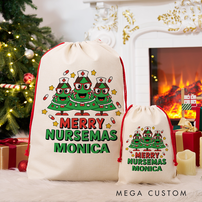 Merry Nursemas Personalized Christmas Gift Sack Custom Name Holiday Santa Bag for Nurses