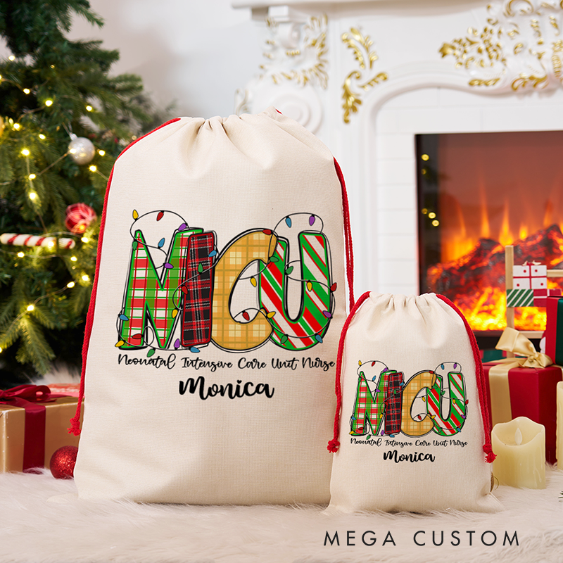 Personalized Christmas Gift Sack for NICU Nurse Custom Name Holiday Santa Bag Christmas Gift