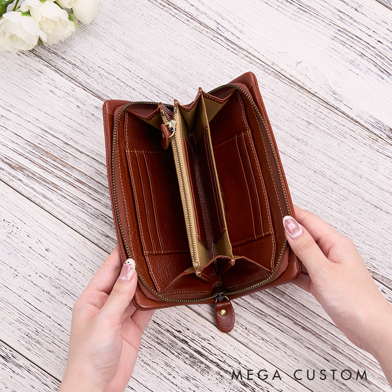 Personalized Leather Wallet for Women Birth Flower Leather Wallet Engraved Leather Wallet with Name Women Slim Wallet Clutch Purse Unique Gift for Her Birthday Gifts