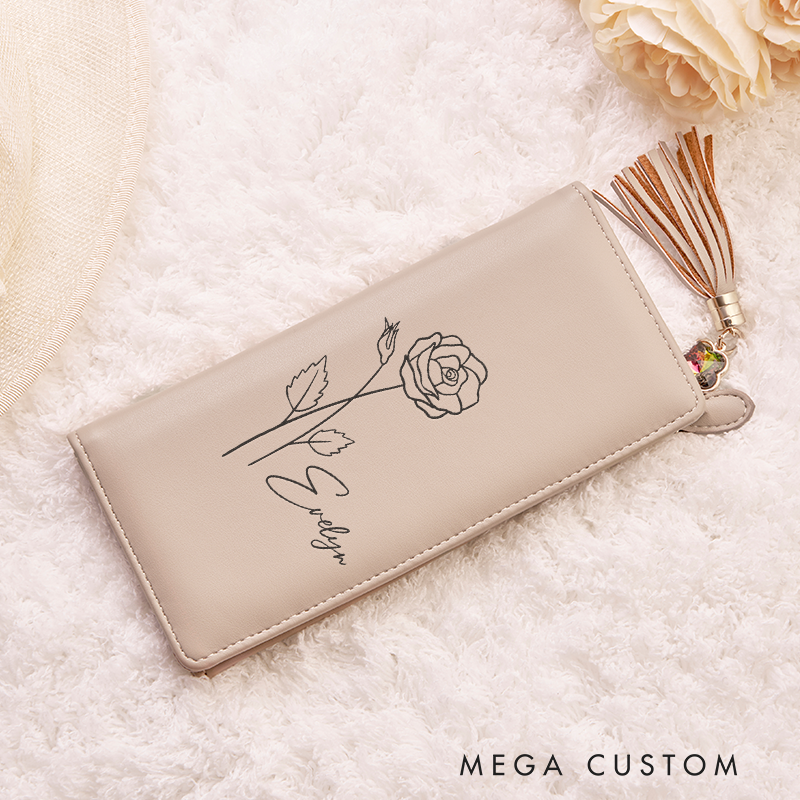 Personalized Leather Wallet for Women Birth Flower Leather Wallet Engraved Leather Wallet with Name Women Slim Wallet Clutch Purse Unique Gift for Her Birthday Gifts