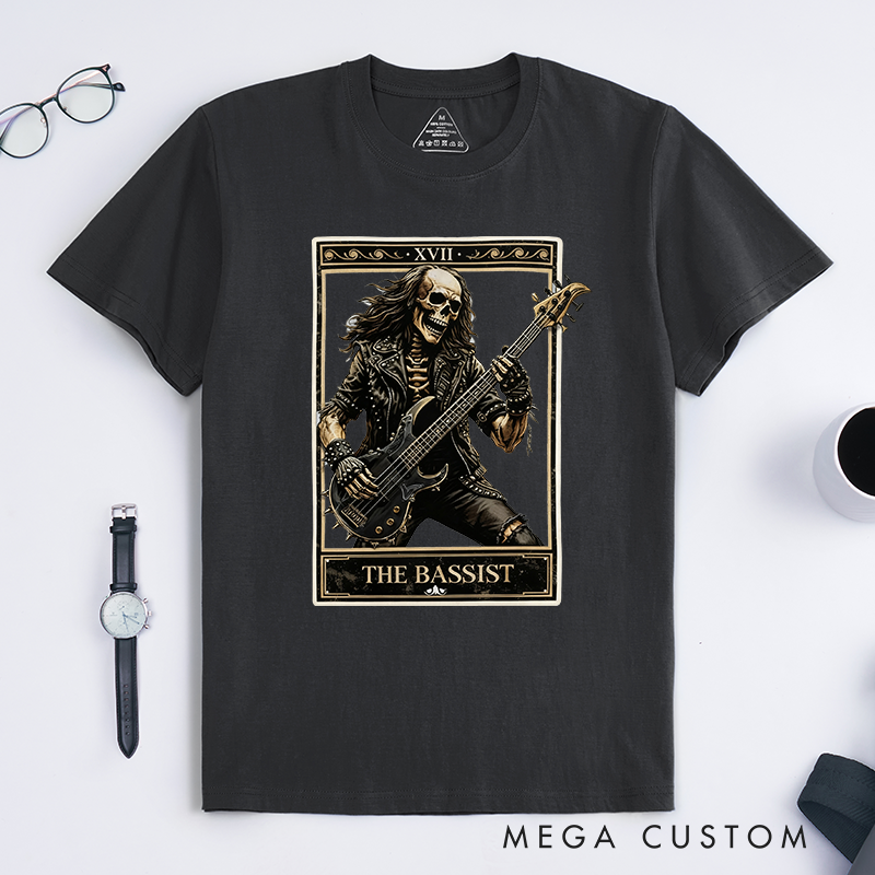 Personalized Classic T-Shirts The Bassist Skull T-Shirt Vintage Music Tarot Graphic Tee for Music Lovers