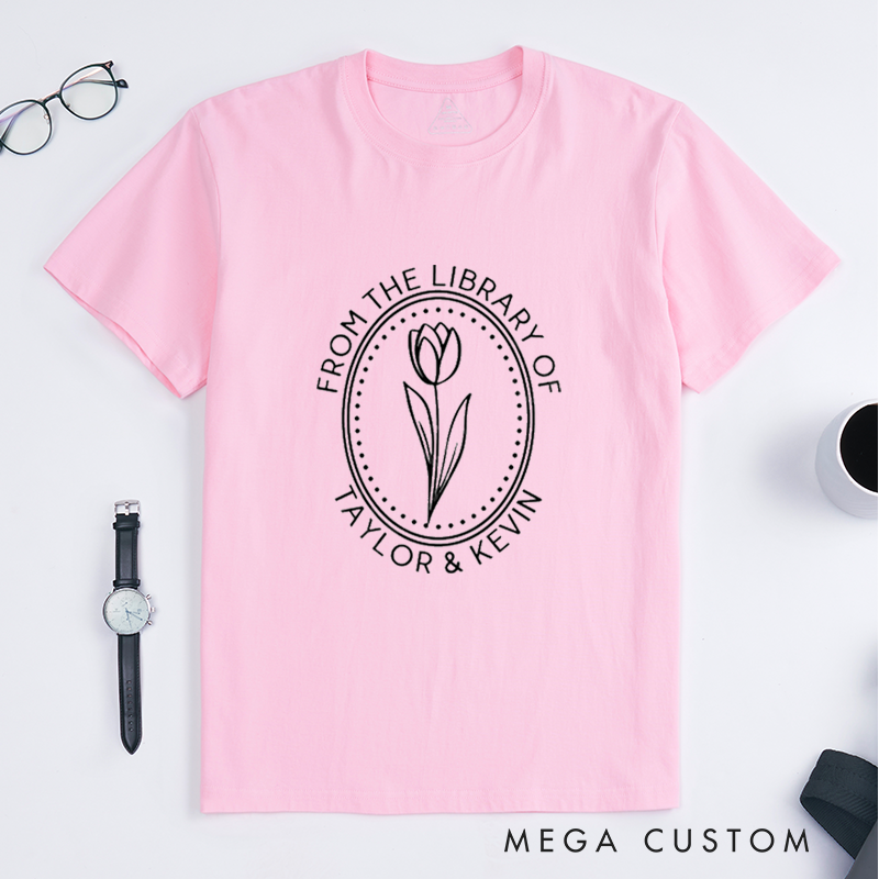 Personalized Library Book Stamp Classic T-Shirts Custom Name Floral Gift for Book Lovers Unique Present for Readers Literature Fans