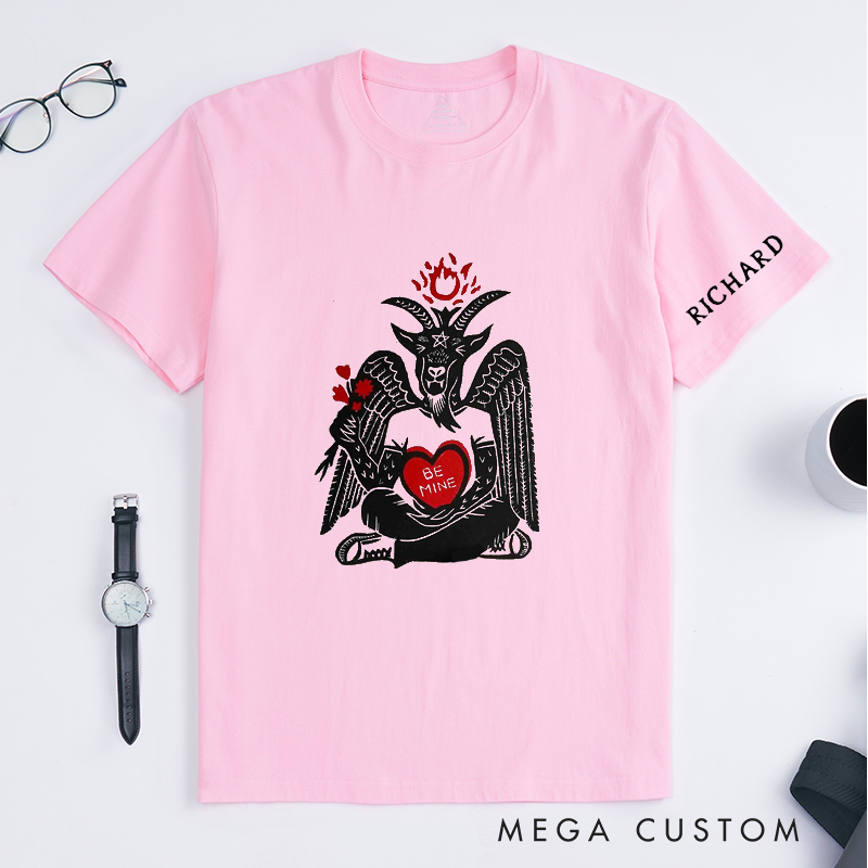 Personalized Baphomet Valentines Day T-Shirt Unisex Unique Gothic Goat Heart Be Mine Gift Custom Name Occult Aesthetic Classic Tee 
