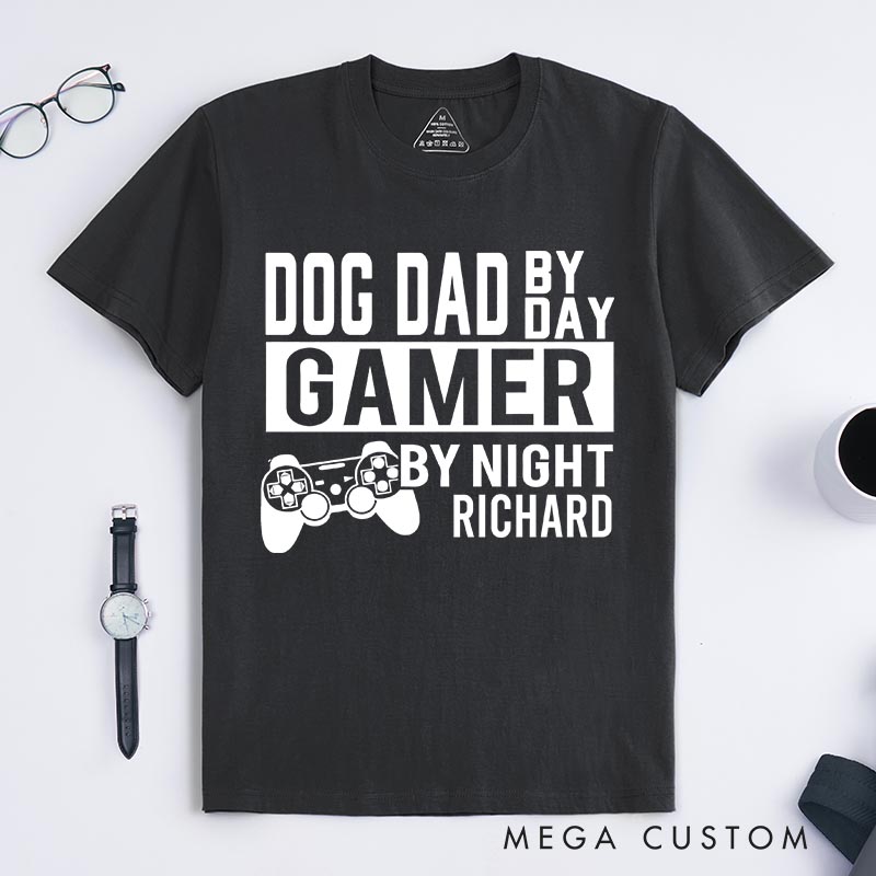 Personalized Dog Dad by Day Gamer by Night Classic T-Shirts Video Game Tshirt Geek Gaming Nerd Shirt