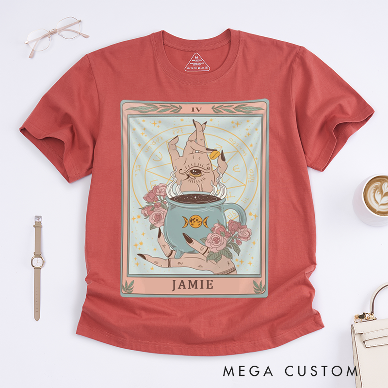 Personalized Tarot Lovers Classic T-Shirts The Coffee Full color Tarot Card Shirt Coffee Cup witchy Mystical Tarot T-shirts Gift