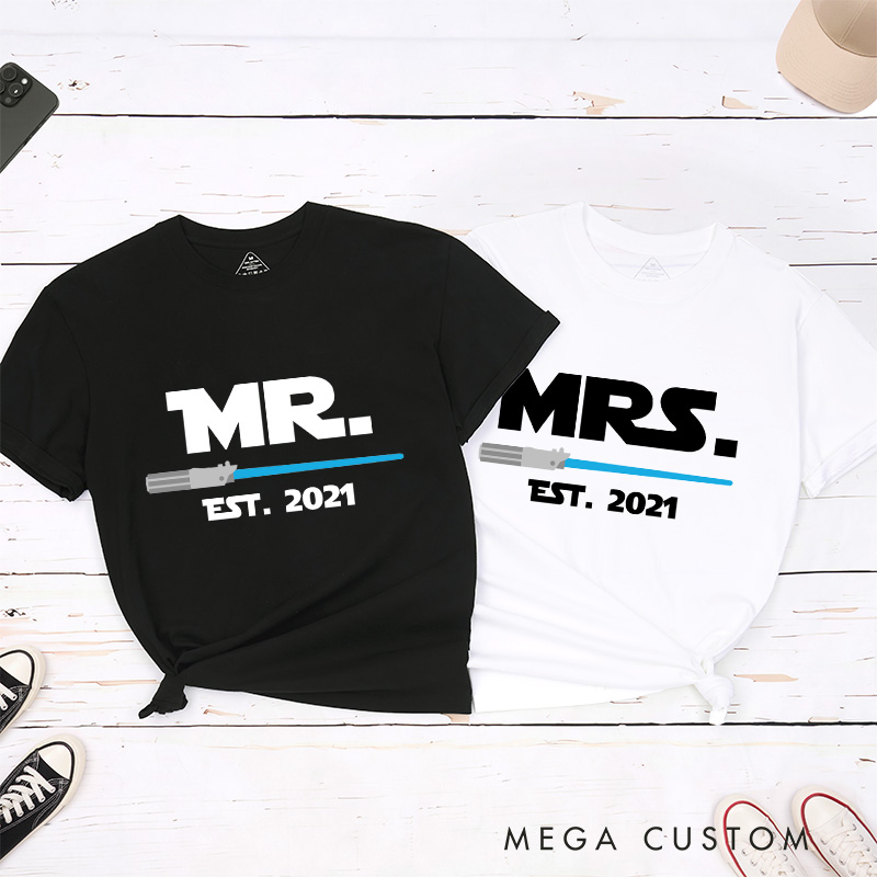 Personalized Mr and Mrs Couple Matching Classic T-Shirts Anniversary Honeymoon Shirt for Movie Lovers Valentines Day Just Married Shirt