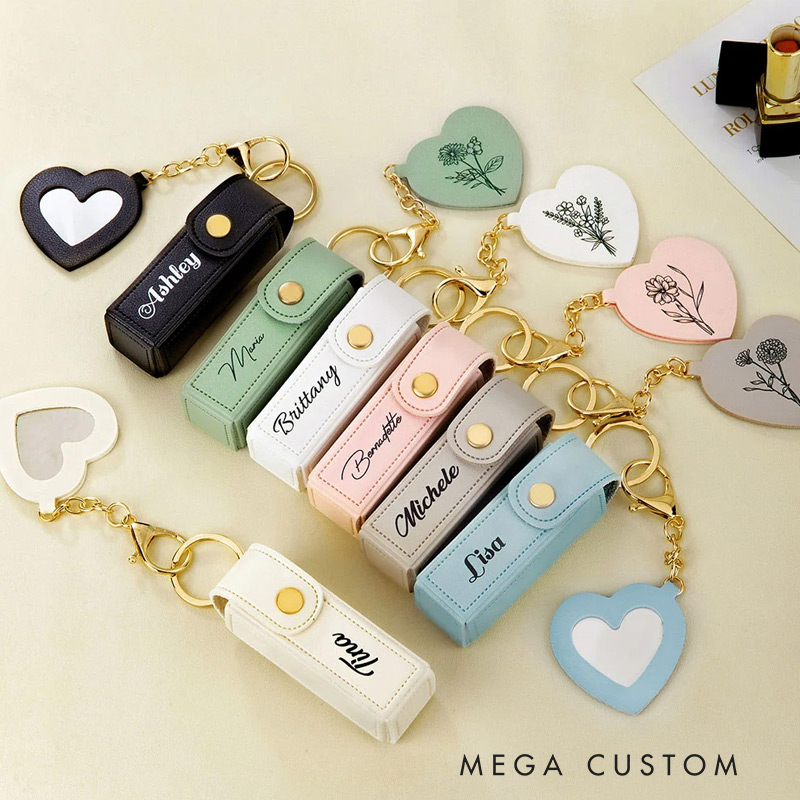 Personalized Line Flower Name Leather Lipstick Case Keychain with Heart-shaped Mirror Makeup Essentials Birthday Wedding Travel Gift for Women