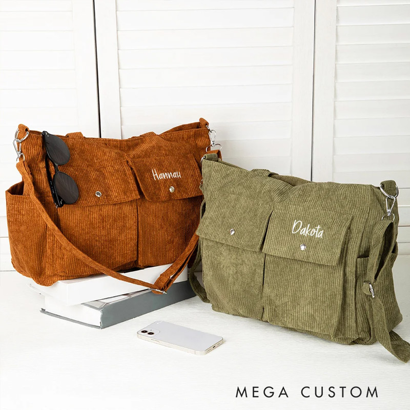 Personalized Leisure Corduroy Zipper Crossbody Tote Bag with Embroidered Name and Multiple Pockets Travel Accessories Birthday Gift for Family Friends