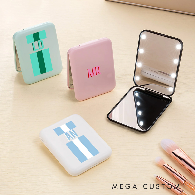 Personalized Shadow Monogram Stripe LED Double-Sided Foldable Compact Makeup Mirror with Initial Travel Accessories Birthday Gift for Bridesmaid Women
