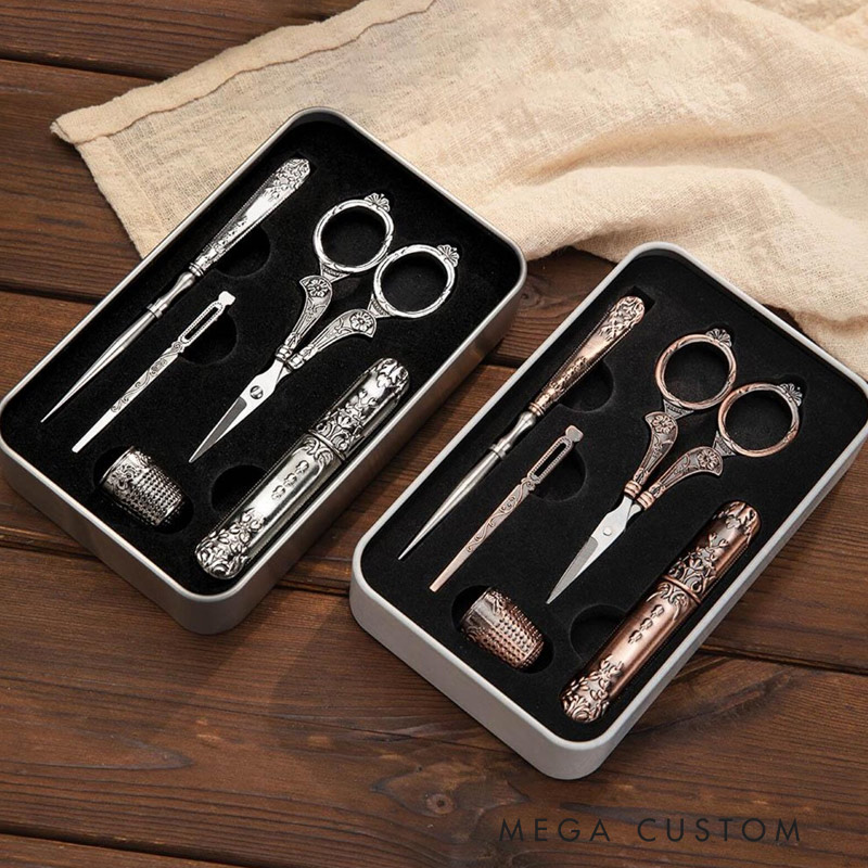 Personalized Vintage Embroidery Scissors Kit with Storage Box Set of 6 Gifts for Tailors