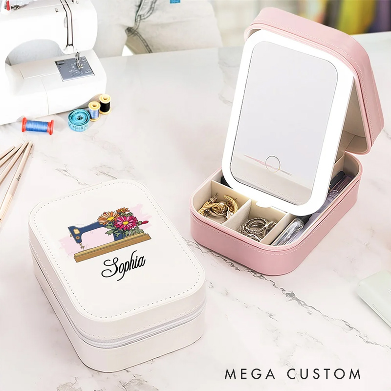 Personalized Watercolor Sewing Machine Birth Flower PU Leather Jewelry Box with LED Three-color Makeup Mirror Travel Essential Birthday Gift for Women